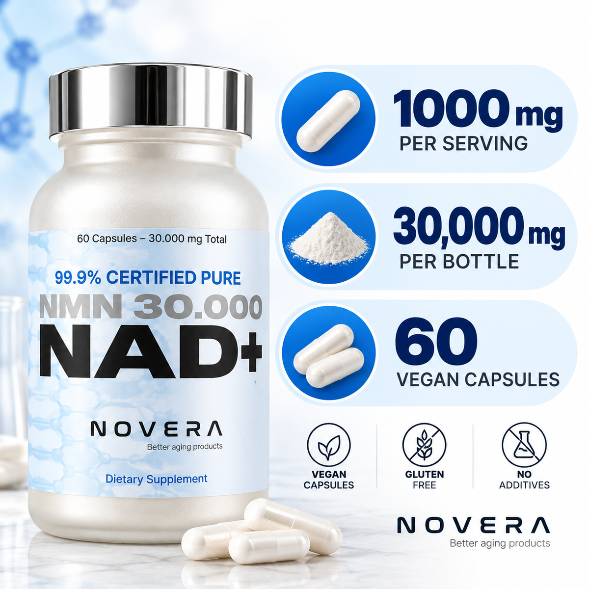 Novera NMN Supplement, 1,000 mg per Serving, 30,000 mg per Bottle, Manufactured in Japan with BONTAC 99.9% Pure NMN, 60 Capsules